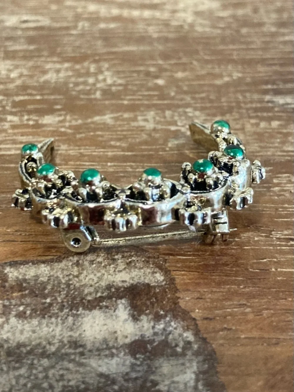 Gold Tone and Green Enamel Crescent Brooch